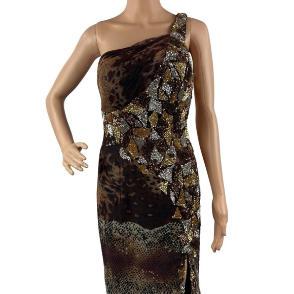 Cassandra Stone by Mac Duggal One Shoulder Gown 6 Animal Print Sequin Beaded - Picture 1 of 12